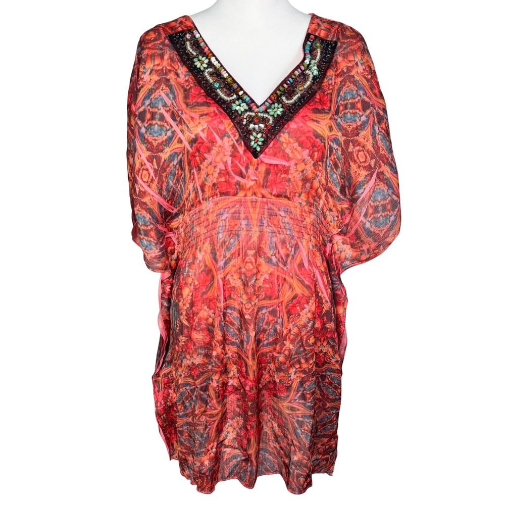 ONE‎ WORLD Women's Large Boho Red Orange Beaded Beach Cover Up Kaftan Tunic Top